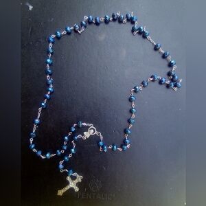 Blue Beaded Polygon Shape Necklace with Iridescent Shine Rosary
